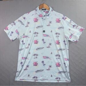 Bad Birdie Polo Shirt Mens XL Blue Tropical Boat Palm Print Golf Firestone CC